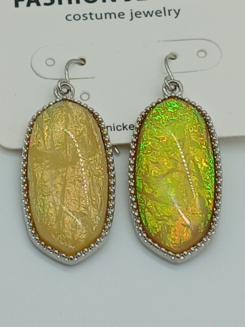 0160 Iridescent Elevated Edge Lime Sliver-tone Earrings